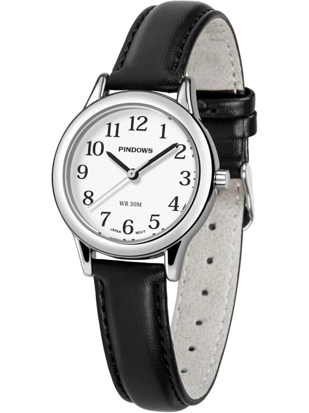 Pindows Women's Black Elegant Quartz Analog Leather Strap Fashionable Watch